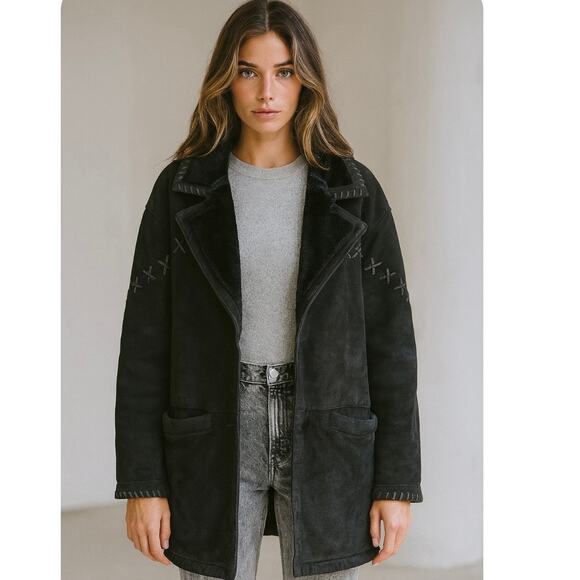 Vintage Oversized Black Suede Coat With Black Faux Shearling Boho Chic - Picture 1 of 6